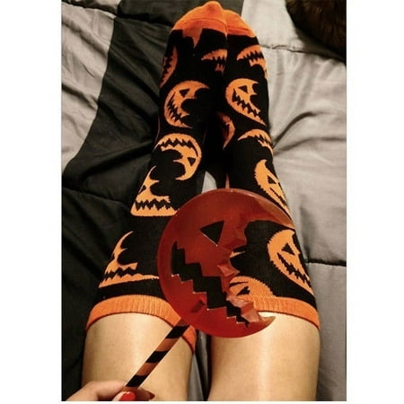 Stylish Women Halloween Pumpkin Splicing Long Socks Stocking Ankle High Socks 